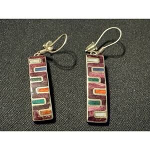 Vintage 925 Micro Mosaic Inlay Multi Stone Dangle Earrings